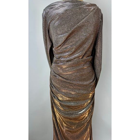 Betsey & Adam Size 14 Cape Sleeve Drape Metallic Evening Gown Taupe Modest $258 - Picture 5 of 14